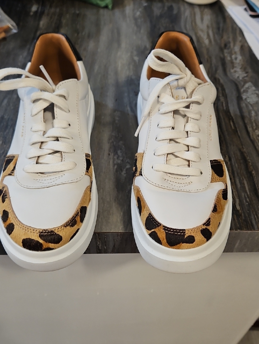 Cole Haan White Leather Sneakers with Leopard Trim